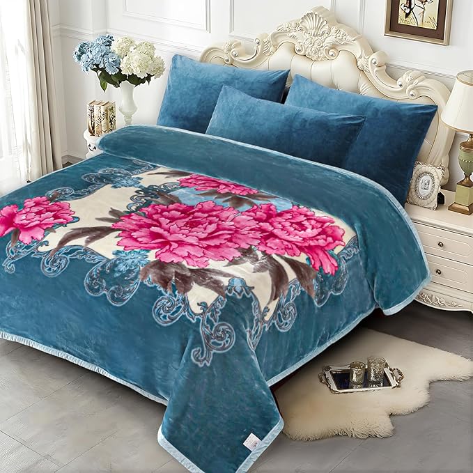 JYK Soft Fleece Bed Blanket King Size, 520GSM 5.7 Pounds - Korean Style 2 Ply Reversible Silky Cozy Plush Warm, Comfy Blanket Microfiber for Autumn, Winter - 83'' x 91'', Blue/Peony/Peony