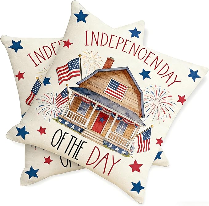 Independence Day 2pcs Throw Pillow Covers, Patriotic 4th of July American Flag House Fireworks Stars Design, Red White and Blue Cushion Cases，18x18 Pillows Linen Pillowcase