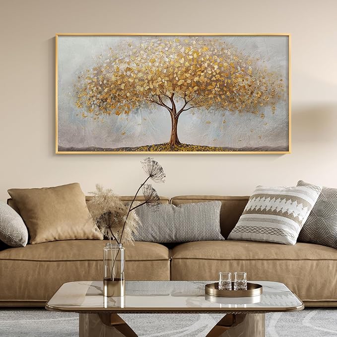 Large Framed Tree of Life Gold Wall Art, Large Canvas Prints Paintings Artwork for Walls, Modern Luxury Golden Big Tree Pictures for Living Room Fireplace Bedroom Kitchen Dining Room Office Wall Decor