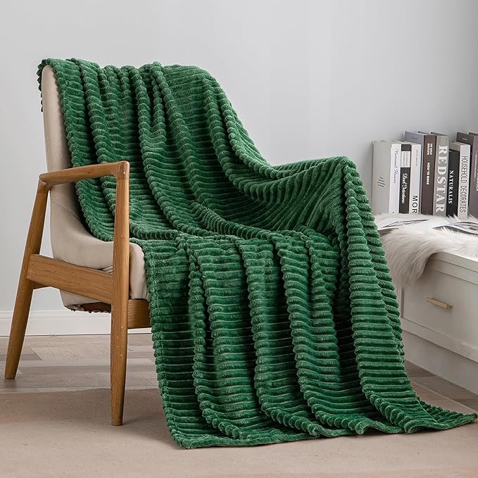 MIULEE Fleece Throw Blanket for Couch 300GSM Super Soft Lightweight Plush Striped, Dark Green Warm Cozy Breathable Ribbed Blanket for Bed/Sofa, Throw Size 50"x60"