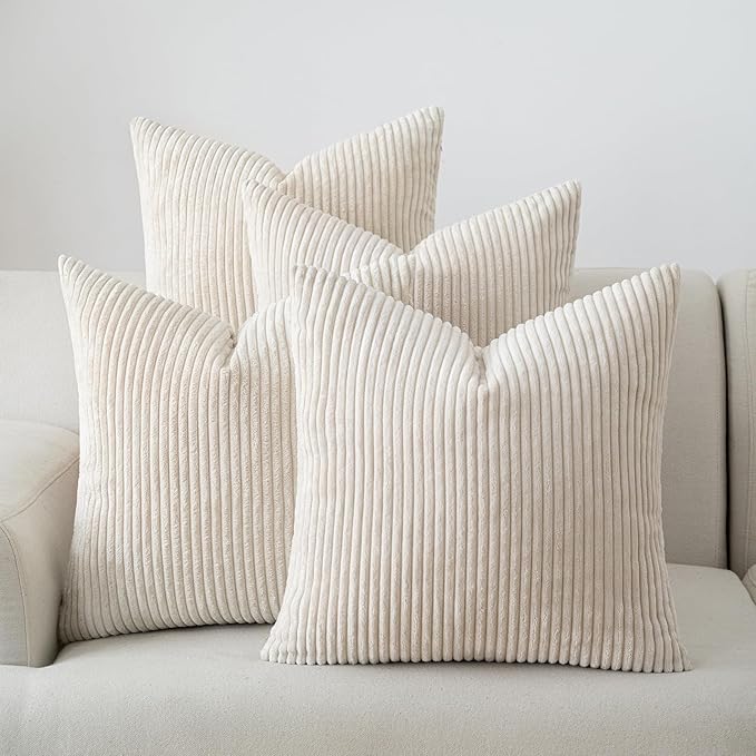 Volcanics Set of 4 Beige Cream Corduroy Decorative Couch Throw Pillow Covers 18x18 Inch, Modern Double-Sided Striped Cushion Cases, Soft Boho Square Accent Pillow Covers, Mix and Match for Home Decor