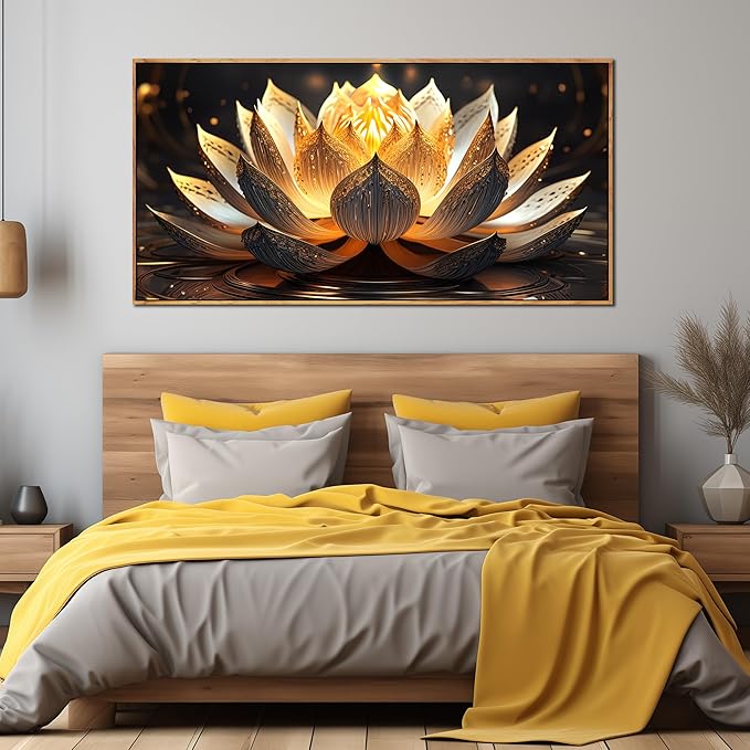 Lotus Flower Wall Art for Bedroom Women Yellow and Brown Wall Decor for Dining Room Large Living Room Wall Art with Wooden Frame 29 x 58 Inch