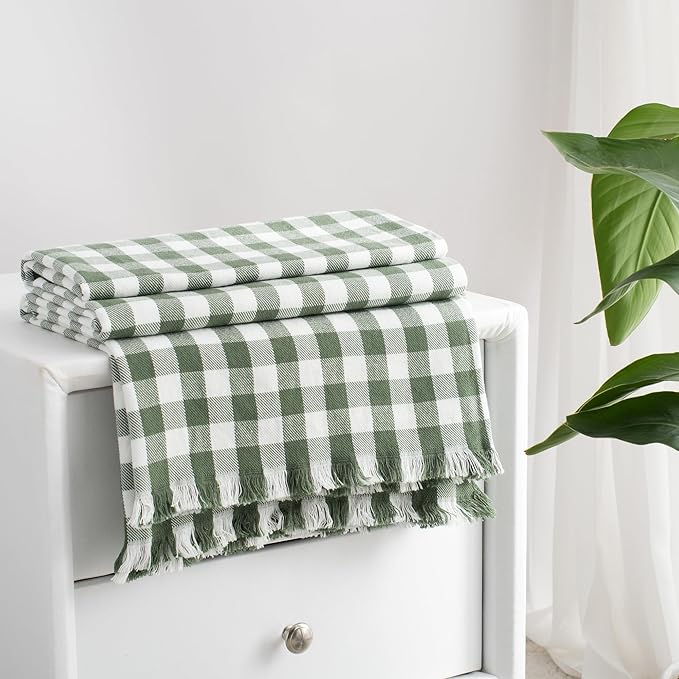 100% Cotton Throw Blanket Plaid Soft Lightweight Cozy Farmhouse Tassels Summer Thin Breathable Throws for Couch Sofa Bed (60" × 80" Green)