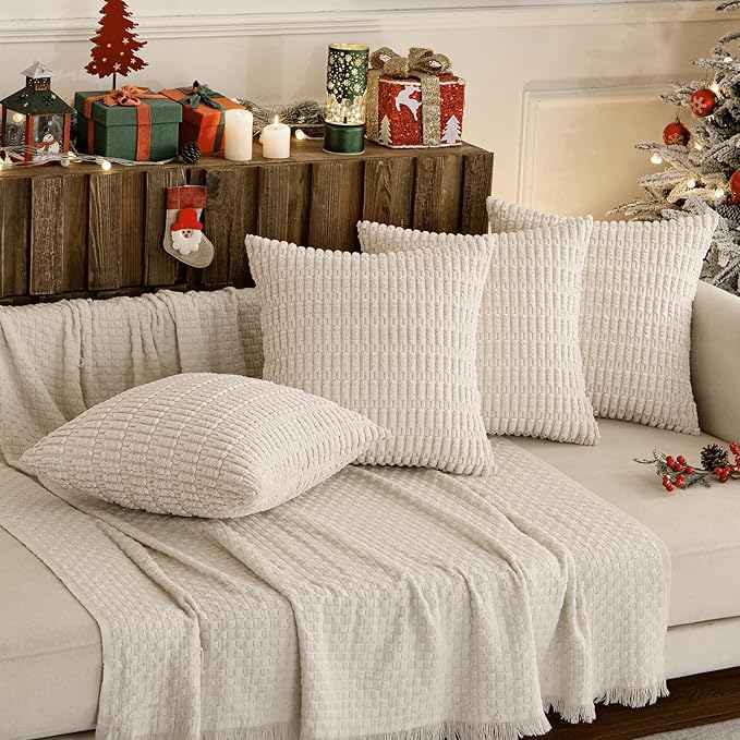 MIULEE Pack of 4 Cream White Corduroy Christmas Decorative Throw Pillow Covers 18x18 Inch Soft Boho Striped Pillow Covers Modern Farmhouse Home Decor for Sofa Living Room Couch Bed