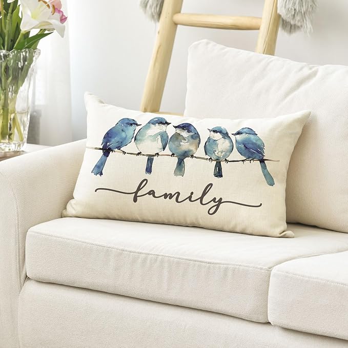 AVOIN colorlife Home Sweet Home Bluebird Family Watercolor Throw Pillow Cover, 12 x 20 Inch Christmas Winter Cushion Case Decoration for Sofa Couch