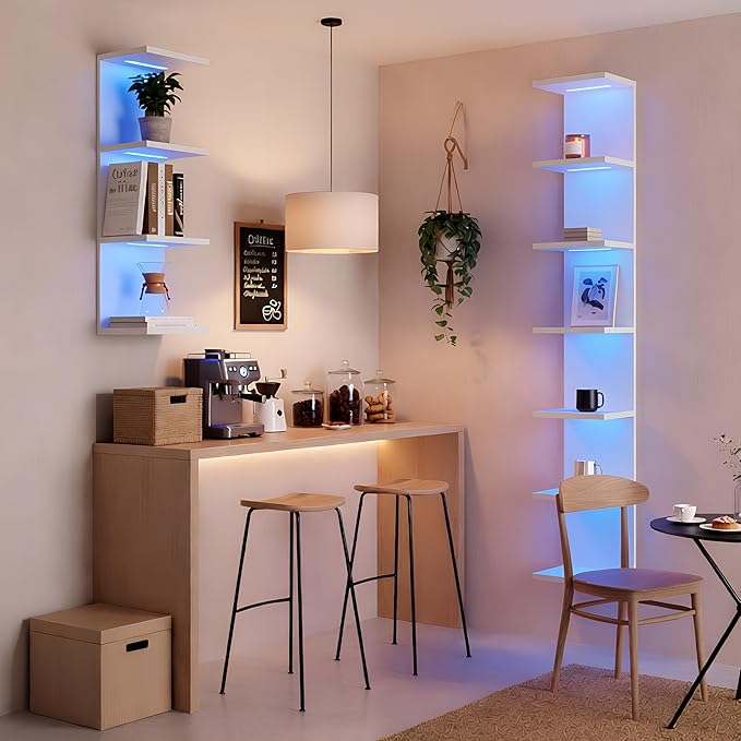 7 Tier Wall Shelf with Lights, White Lack Wall Shelf, Display Floating Shelves with Remote Control for Home Decor Bedroom Vanity
