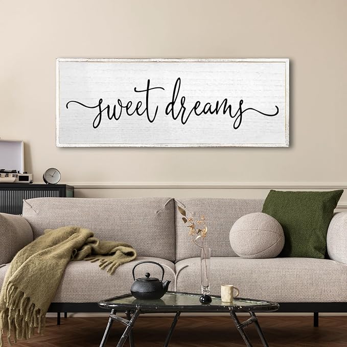 Sweet Dreams Wall Decor Above Bed Sign 24''×10'' Large Wood Framed Master Bedroom Guest Room Sweet Dreams Signs Farmhouse Rustic Wall Art Decoration (White)