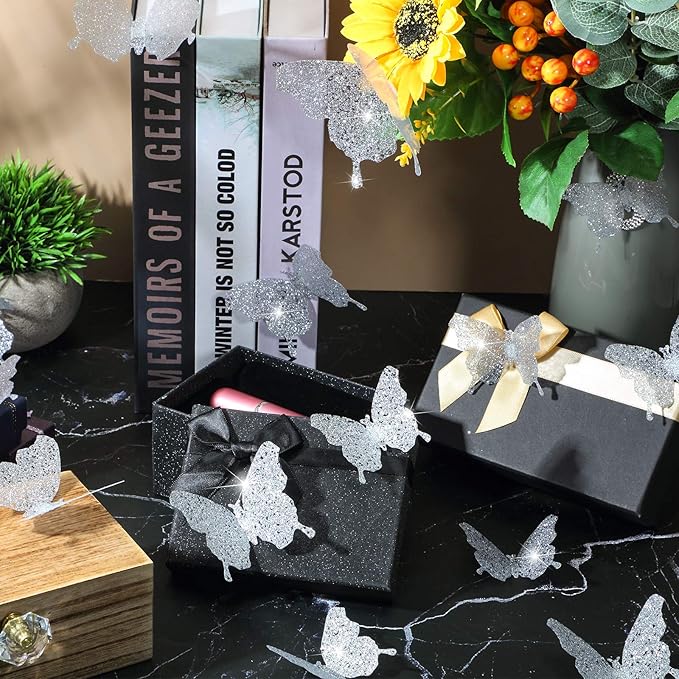 BBTO 48 Pieces Butterfly Wall Decor DIY 3D Mirror Butterfly Stickers Removable Decals Crafts for Birthday Party Bedroom School Bathroom Living Room Decor(Glitter Silver)