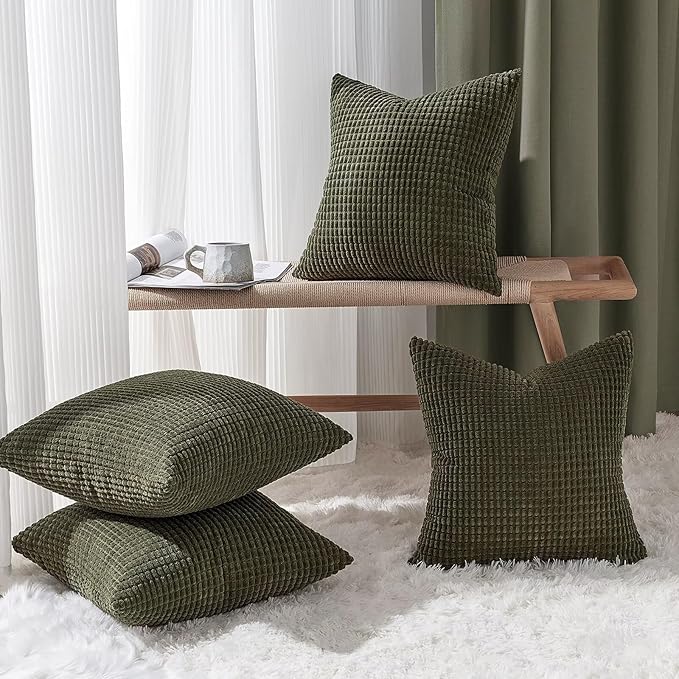Topfinel 4 Packs OliveGreen Decorative Throw Pillow Covers 18x18 Inch for Living Room Couch Bed Sofa, Boho Western Farmhouse Home Decor, Square Soft Moss Corduroy Fall Cushion Case 45x45 cm