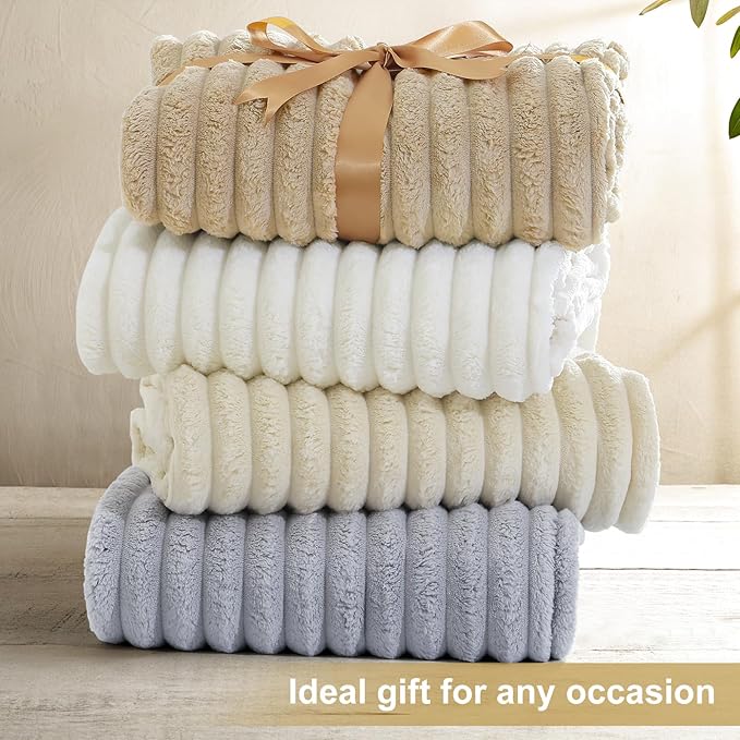 decorUhome Soft Fleece Light Grey Throw Blanket for Couch, Cozy Fluffy Plush Flannel Striped Blanket for Sofa Bed, Lightweight Decorative Ribbed Fuzzy Blanket for Woman, 50x60 Inches