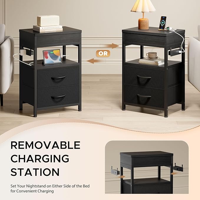 Nightstand Hidden Drawer Charging Table - Night Stand with Charger Station and Sliding Top Storage, Morden Bedside Table with 2 Fabric Drawers, for Dorm Living Room Bedroom, Black