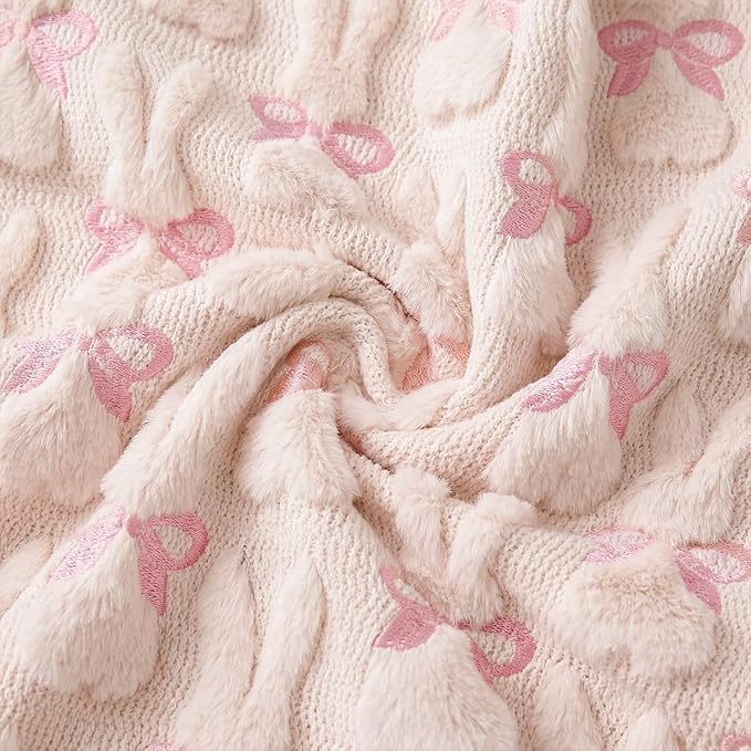 Horaldaily Easter Solid Blanket Throw, Pink Rabbits Bow Soft Fuzzy Plush Faux Fur Cozy Blankets for Couch Sofa Bed Lounging, Ideal Gifts for Kids Adults Wife Self, 50x60