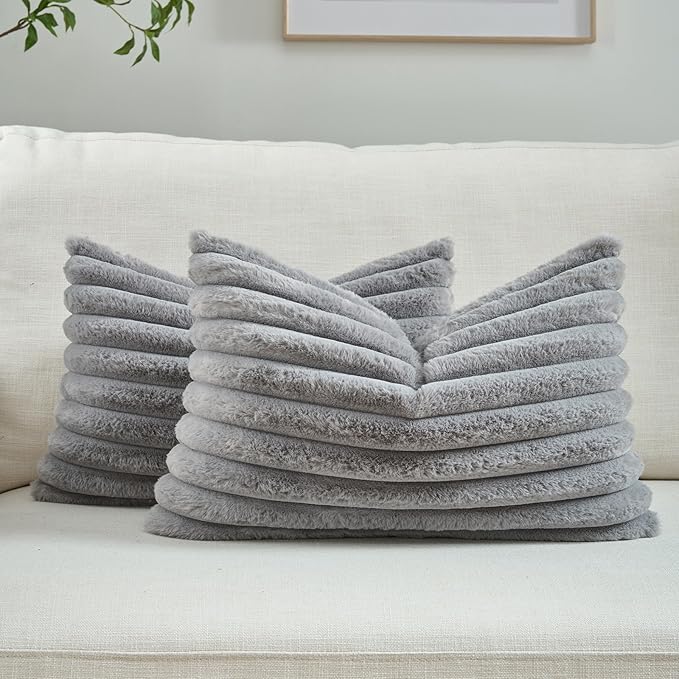 FUTEI Grey Decorative Throw Pillow Covers Set of 2, 12x20 Inch Soft Fluffy Faux Fur Plush Striped Lumbar Pillowcases, Modern Home Decor for Couch Bed Living Room