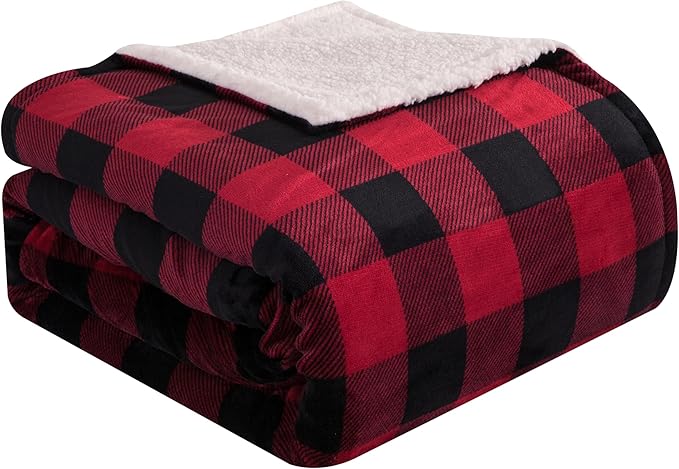 Elegant Comfort Ultra Soft Reversible Buffalo Plaid Flannel Sherpa Blanket - Cozy Silky Checkered Fleece Throw for Couch, Bed - Plush Fuzzy Warm Winter Blanket for Gift, King, Burgundy