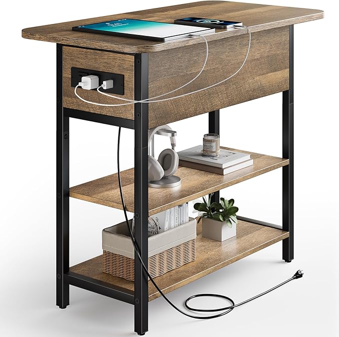 Yoobure End Table with Charging Station, Flip Top Side Table with USB Ports and Outlets, Sofa Couch Table Bedside Table for Living Room Bedroom, Narrow Nightstand with Storage Shelves for Small Space