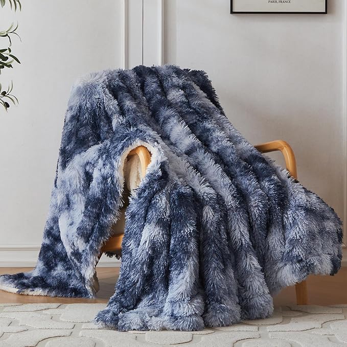 COOVA Ultra Soft Faux Fur Twin Blanket – Fuzzy Fluffy Cozy Microfiber Blankets, Warm Thick Plush Sherpa Fleece Throw Blanket for Couch,Bed,Sofa,Ideal Gift for Women.(Tie Dye Blue, 60"x80")