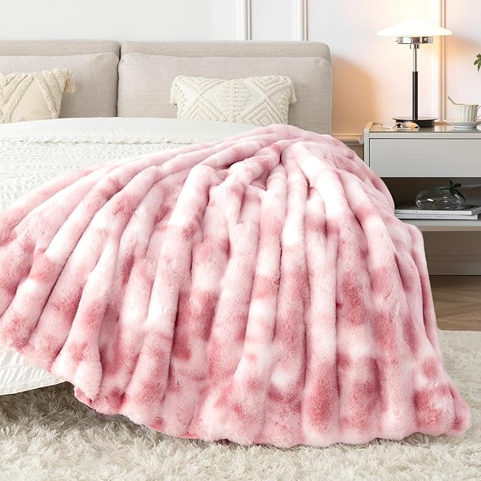 Touchat Luxury Faux Rabbit Fur Throw Blanket for Couch, Super Heavy Warm Cozy Blanket for Sofa Bedroom Living Room, Ultra Soft Fluffy Reversible Plush Blanket for Home Decor Gifts, Tie-dye Pink