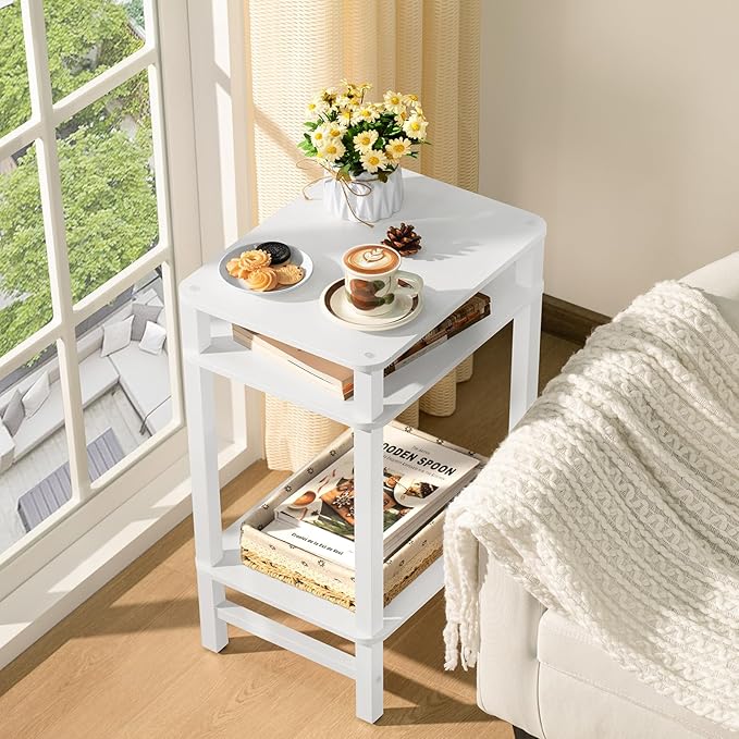 Side Table End Table Tall Night Stand 3-Tier for Living Room Bedroom Bathroom Office Furniture White