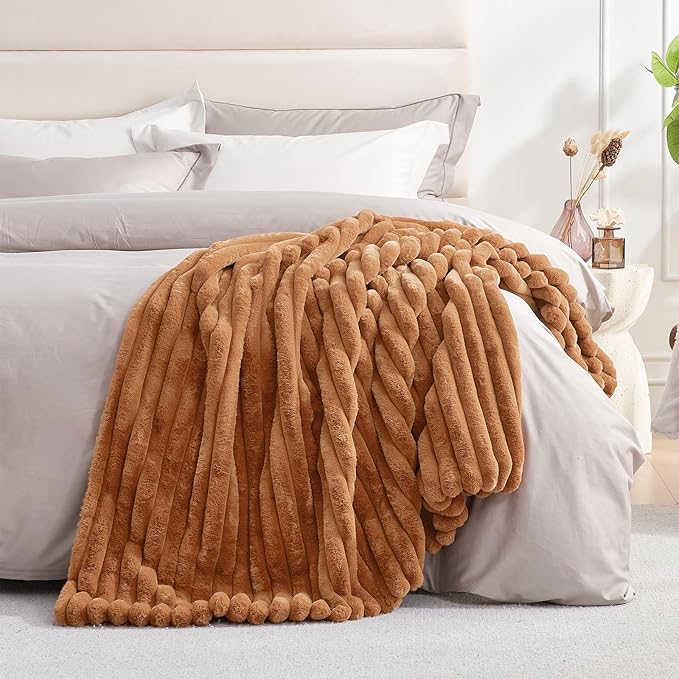 Amélie Home Faux Fur Throw Blanket for Couch, Cozy Fuzzy Fluffy Fur Luxurious Soft Striped Plush Gift Blankets for Family Sofa Chair Bedroom, 55"x70", Orange Brown