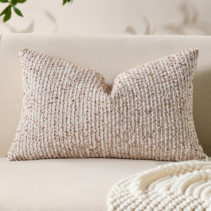 Allorry Decorative Lumbar Pillow Cover 12x20 Beige Striped Soft Wool Lumbar Throw Pillow Neutral Textured Boho Cushion Covers for Modern Farmhouse Sofa Bedroom Living Room Decor SY011-A12