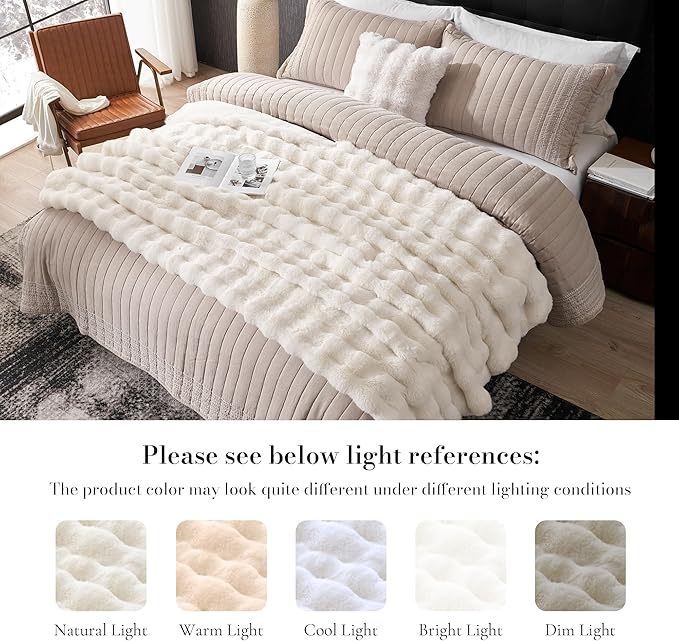 Amélie Home Faux Fur Throw Blanket for Bed, Ultra Soft Fuzzy Plush Bubble Blanket for Bedroom & Bed Decor, 108"x90", Cream White