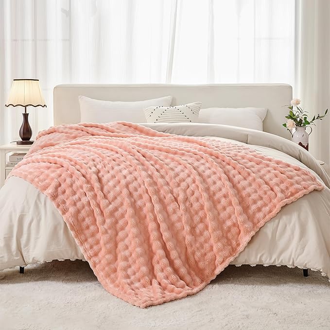 3D Bubble Plush Blanket Textured Fleece Throw Soft Warm Cozy Blanket Couch Bed Twin Pink 60x80 Inches
