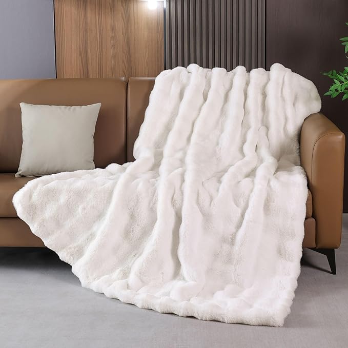 Cream Beige Faux Fur Throw Blanket for Couch, Double-Sided Bubble Textured Plush Blanket with Soft Flannel Back, Decorative Throw for Sofa or Bed, Machine Washable, 60 x 80, 860 GSM