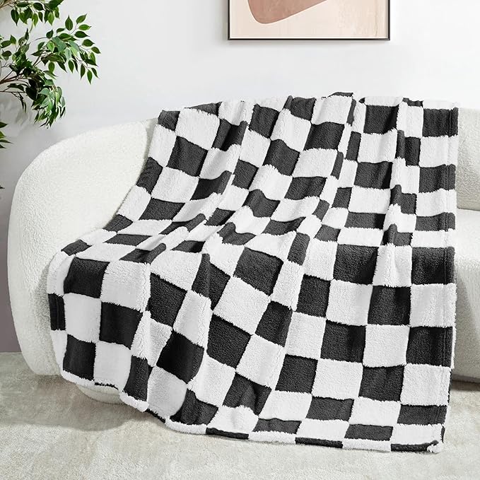 Exclusivo Mezcla Fleece Blanket Twin Size, Cozy Lightweight and Fuzzy Checkered Blankets for Couch or Bed, Suitable for All Seasons, Black, 60" x 80"