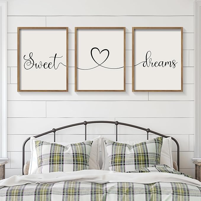 Ronasip Sweet Dreams Wall Decor for Bedroom Set of 3 Framed Wall Art for Farmhouse Rustic Home Master Bedroom Decor (11”x14”, Brown)