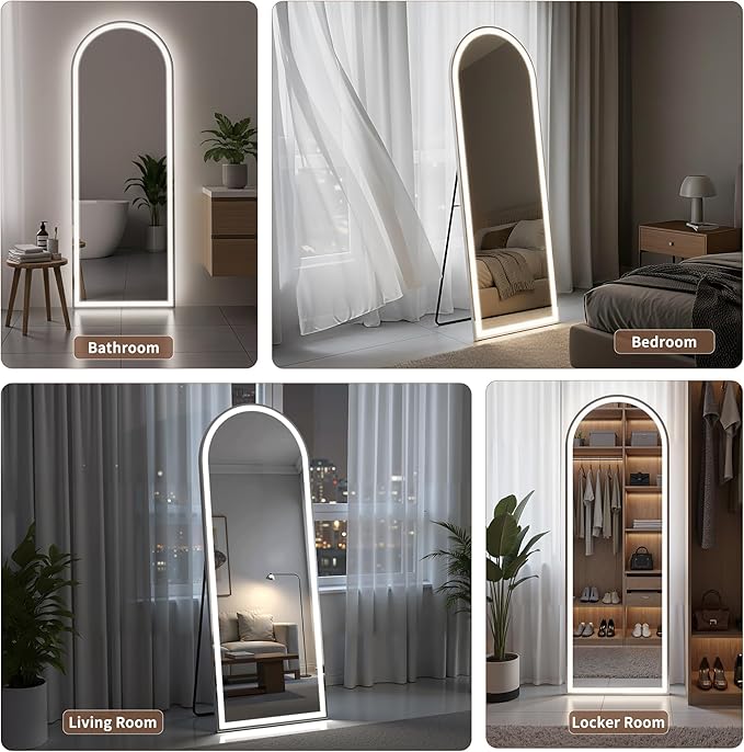 Arched Full Length Mirror with LED Lights, 60"x16" LED Floor Mirror with Stand, Body Floor Mirrors with Dimming & 3 Color Lighting, Wall Mounted LED Mirrors for Bedroom, Dressing Room, Cloakroom