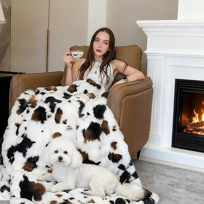 Cow Print Faux Fur Baby Blanket 40x50 – Fluffy Cow Bubbles Blanket, Ultra Soft Rabbit Faux Fur Throw for Kids & Travel, Black to White Ombre with Brown Accent, Cozy Decorative Cow Gift