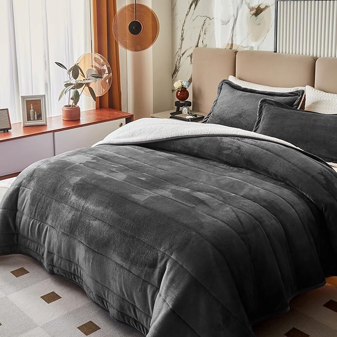 3-Layer Luxury Flannel Fleece Thick Bed Blanket Twin Size, Soft Plush Velvet Sherpa Blanket with 2 Pillow Shams Heavy Warm for Winter, Breathable n Washable, Dark Gray