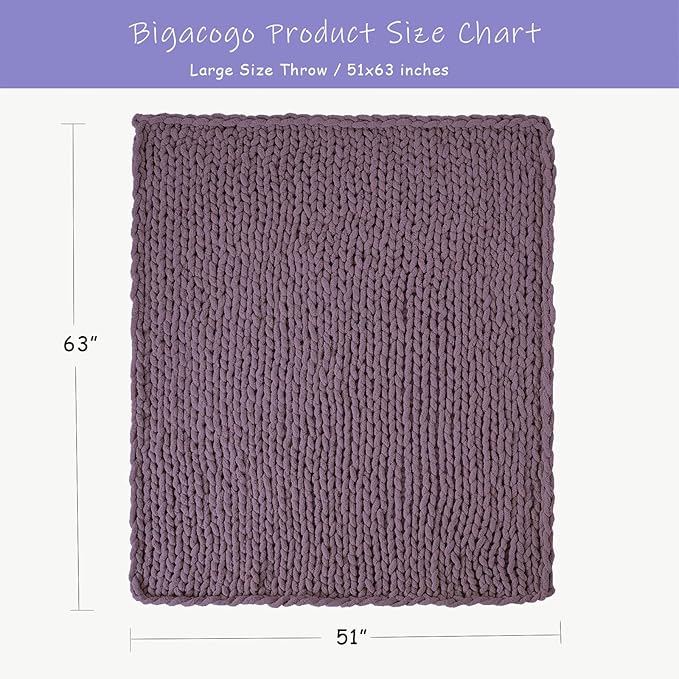 Bigacogo Chunky Knit Throw Blanket for Couch, 51x63 inches, 100% Hand Knitted with Thick Jumbo Chenille Yarn, Cozy Soft Large Rope Knot Cable Crochet Blankets for Sofa Bed Living Room, Winter Grape