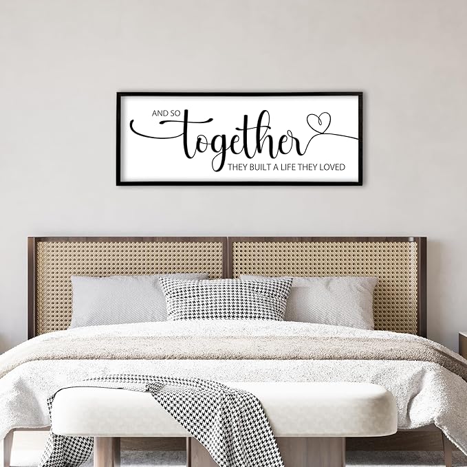 And So Together They Built A Life They Loved Sign Wall Decor 40"X15" Bedroom Above Over Bed Large Wood Framed Love Quotes for Couple Wall Hanging Art (Black)
