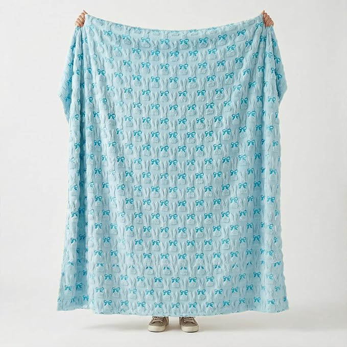 Horaldaily Easter Solid Blanket Throw, Blue Rabbits Bow Soft Fuzzy Plush Faux Fur Cozy Blankets for Couch Sofa Bed Lounging, Ideal Gifts for Kids Adults Wife Self, 60x80