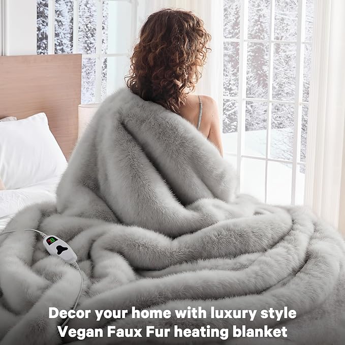 Heated Electric Blanket Throw,Octrot 50"X60" Faux Fur Heating Blanket Luxury Christmas Gifts Heavy Plush with 10 Heats Levels & 8 Hours Auto Off,Super Cozy Warm Fuzzy,Fluffy Decor Winter Warming,White