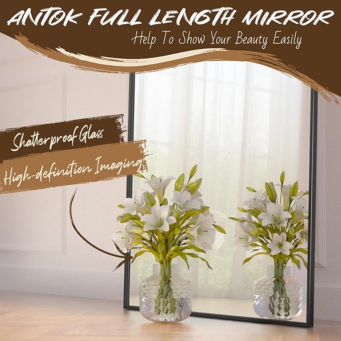 Antok Full Length Floor Mirror Arched Standing Mirror with Aluminum Frame - Freestanding Wall Mount Leaning Body Mirror for Bedroom Living Room Entryway, 58" L x 18" W, Black