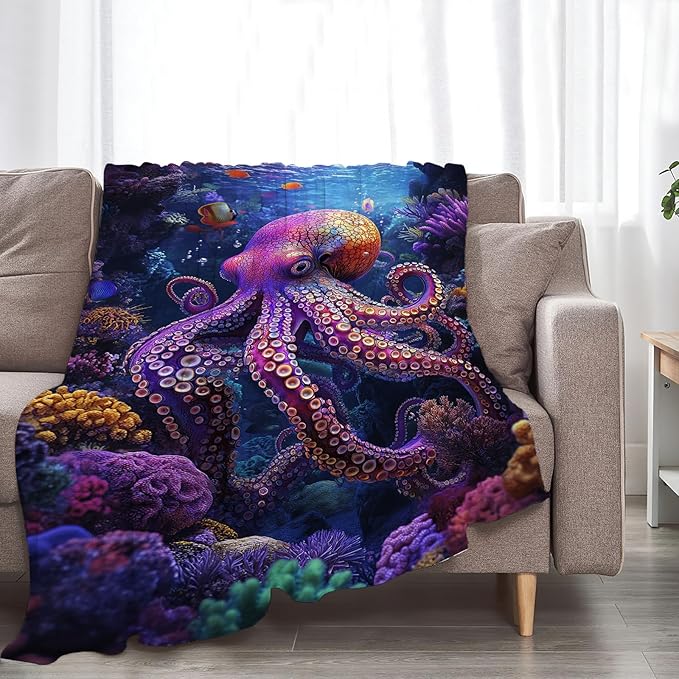 Octopus Blanket Ocean Octopus Throw Blankets Decor Stuff Cozy Flannel Fleece Soft Plush Fuzzy Warm Lightweight Bedding Gifts for Women Girls Kids 80"X60"