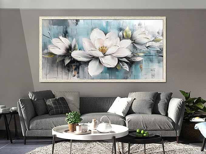 Ardemy Magnolia Wall Art Framed Canvas Wall Decor Living Room, White Floral Picture Wall Decor Teal Painting Flower Textured Extra Large Artwork for Bedroom Dining Room Home Office 58"x29"