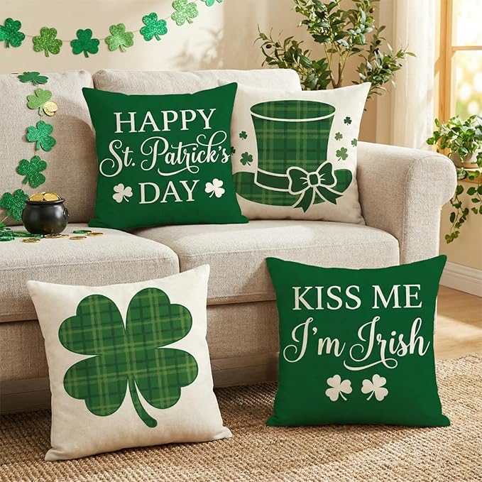 ONFAON St Patricks Day Decorations,St Patricks Day Pillow Covers 18x18 Set of 4 Scottish Tartan Plaid St Patricks Day Hat Farmhouse Classic Decorative Square Cushion Cases for Sofa Couch