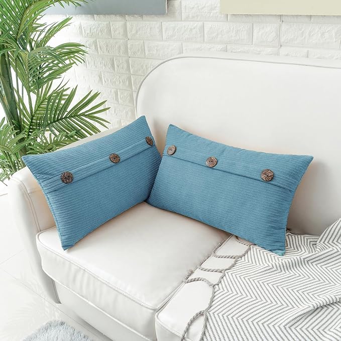 HWY 50 Smoke Blue Chenille Throw Pillow Covers 12x20 Inch with Triple Buttons, Soft Farmhouse Accent Decorative Cushion Cases for Couch Sofa Bed Living Room Pack of 2 Rectangle