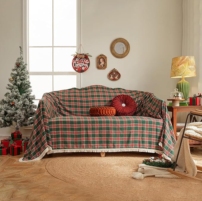 HANDONTIME Christmas Buffalo Plaid Couch Cover Checkered Sofa Covers Christmas Decorations Green and Red Grid 3 Seater Couch Cover for Farmhouse Home Decor Couch Protector for Dogs, 71"x 134"