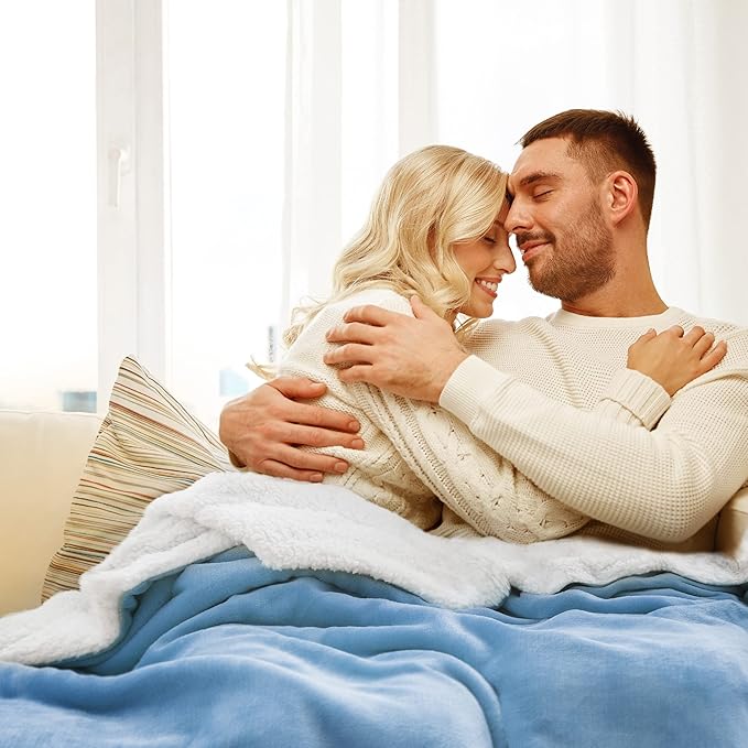 Bedsure GentleSoft Sherpa Fleece Blanket Queen Size for Bed, Non-Heated, Thick and Warm Throw for Women and Men, Soft Fuzzy Plush Queen Blanket for Winter, Washed Blue, 90x90 Inches