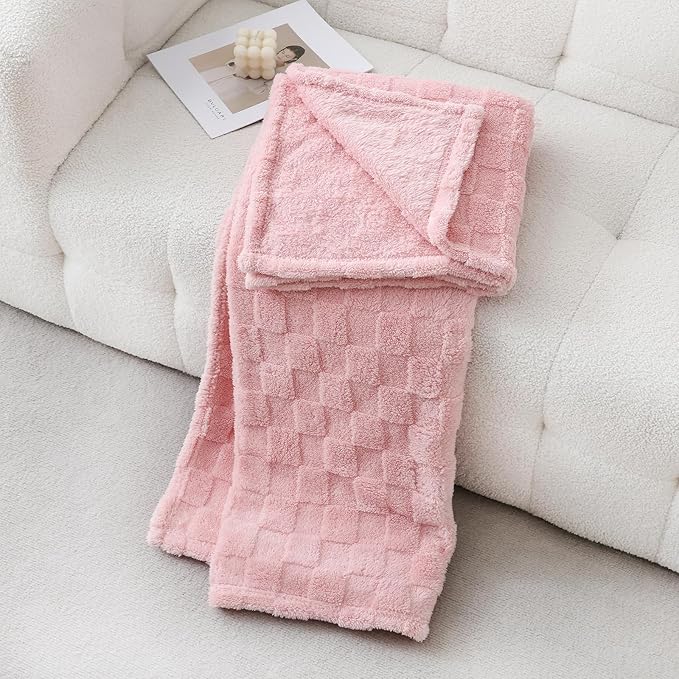 Light Pink Fleece Throw Blanket 60”×80” for Couch Sofa Bed,Super Soft Cozy Plush Microfiber Flannel Blanket with 3D Checkered Design Lightweight for Adults,Woman,Girls