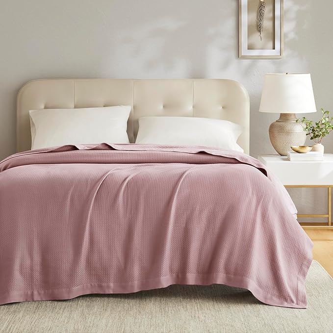 Madison Park 100% Egyptian Cotton Lightweight Summer Blanket, Breathable Waffle Knit Design, Soft Cozy All-Season Throw for Bed, Couch or Sofa, Rose King Size (108"x90")