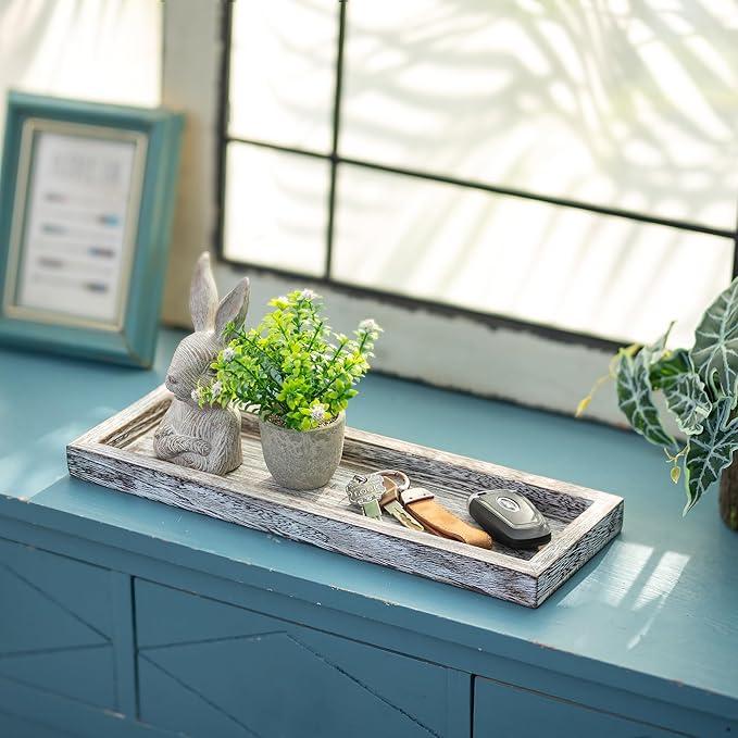 Romadedi Rustic Decorative Wood Candle Tray - 15" Wooden Long Narrow Tray Candle Holder, Farmhouse Small Trays for Coffee Table Centerpieces Dining Room Kitchen Countertop Home Decor, Whitewashed