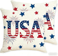 4th of July Throw Pillow Covers, USA Patriotic Design, Linen, 18x18 Inch, Set of 2, Machine Washable, Farmhouse Style
