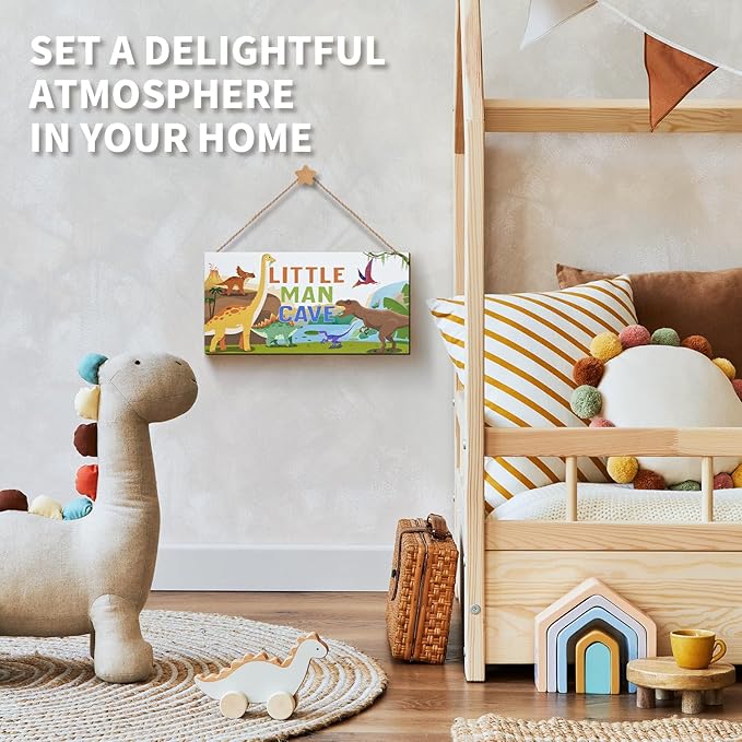 ZIEYOMI- Little Man Cave Sign Boys Room Decor, Dinosaur Theme Bedroom Decor Hanging Wall Art, Wooden Plaque Decorations for Nursery Boys Kids Toddler Playroom Living Room