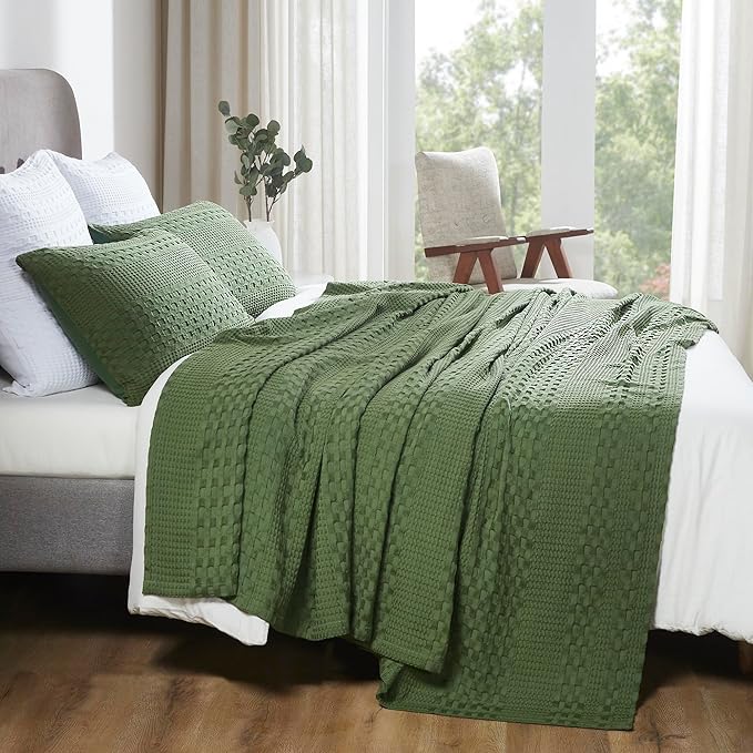 VHC Brands 100% Cotton Waffle Weave Twin Blanket 66"x90", Decorative Lightweight Spring and Summer Throw Blanket, Bedroom Decor for Bed, Couch, or Sofa, Olive Green