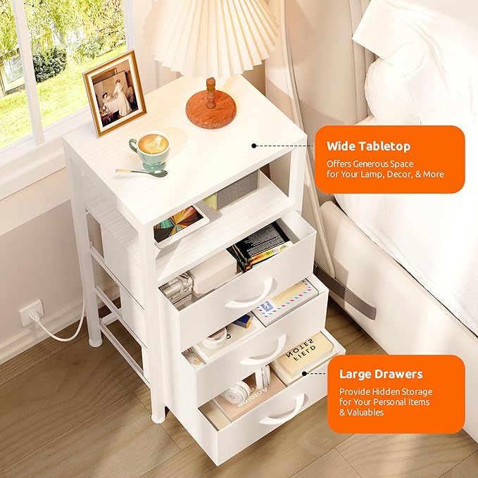 NightStand Bedside Charging Table Bedroom - White Night Stand with Charger Station, USB-C USB Ports & AC Outlets for Dorm, Modern End Table with Open Shelf & 3 Fabric Drawers